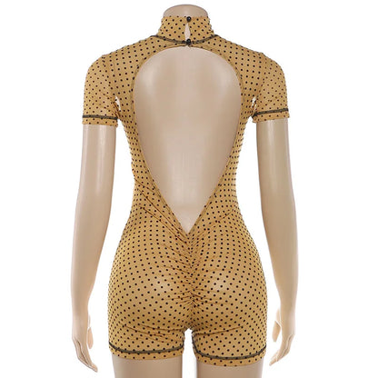 FAGADOER Khaki Polka Dot Bodycon Shorts Romper Women Stand Collar Back Hollow Out Skinny Jumpsuits Mesh See Through Playsuit