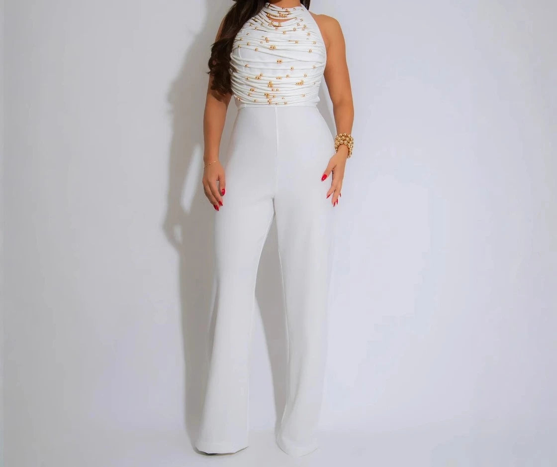 Sexy Women's Beaded Halter Jumpsuits Overalls Summer 2025 Backless Fitted Wide Legs Rompers One Piece Outfits Clubwear Party
