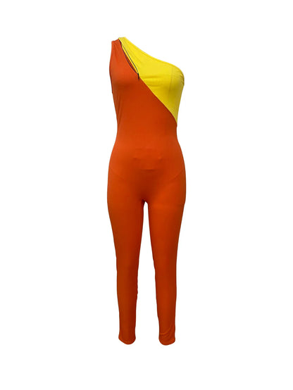 Women Patchwork Jumpsuits Skinny Rompers Full Lenth Sleeveless One Shoulder Top Pencil Pants Slim Office Lady Casual 2026 Summer
