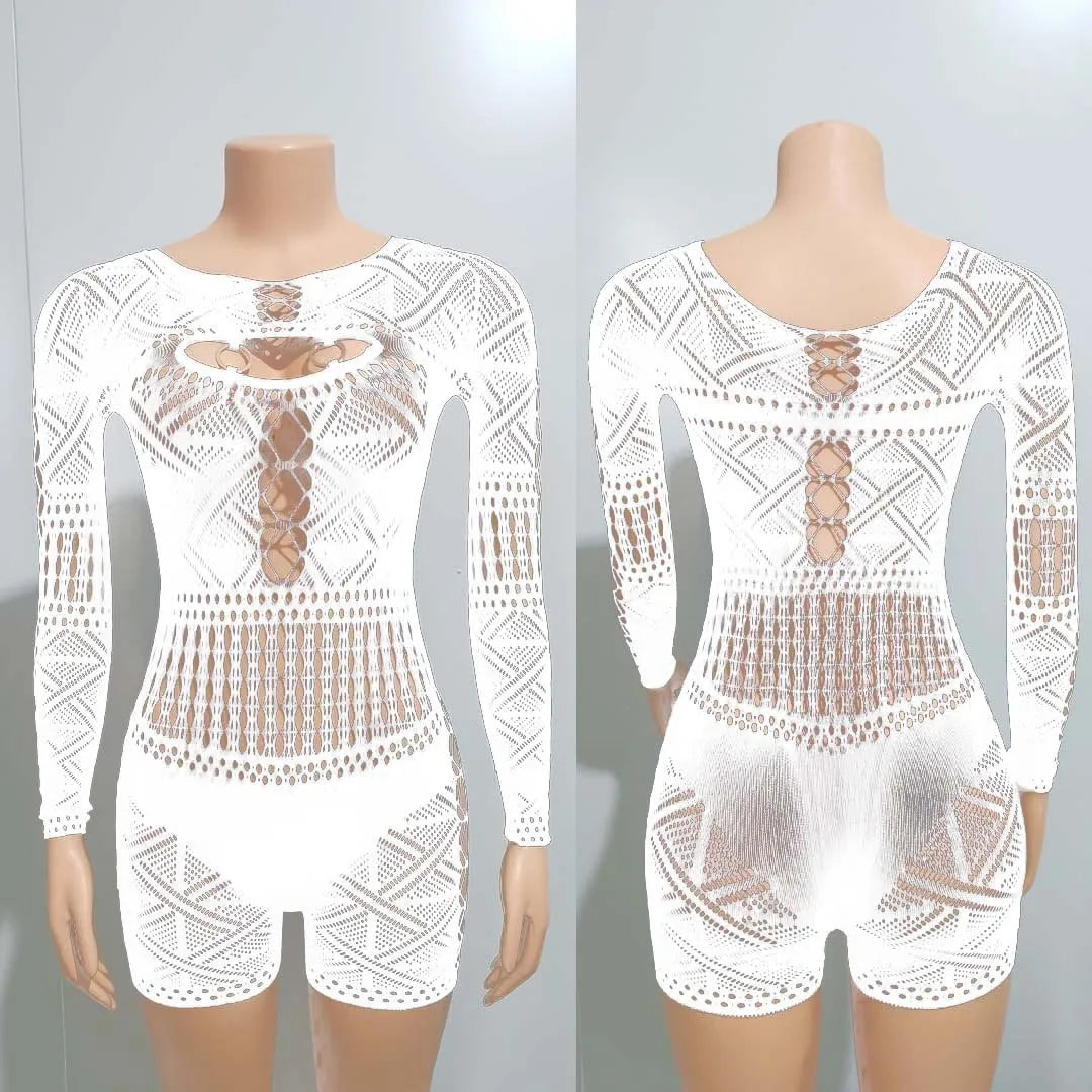 Streetwear Women 2023 One-pieces Outfits Rompers Jumpsuits Summer Long Sleeve Hollow Out Bodycon Mesh Black Romper Playsuits