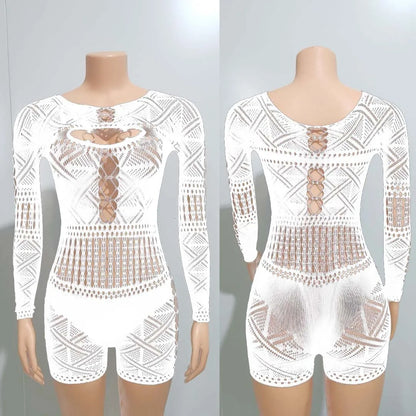 Streetwear Women 2023 One-pieces Outfits Rompers Jumpsuits Summer Long Sleeve Hollow Out Bodycon Mesh Black Romper Playsuits