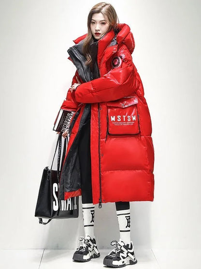 2025 Winter Glossy Waterproof X-long 90% White Duck Down Coat Women Thick Loose Outerwear Warm Down Jacket Hooded Parkas Coats