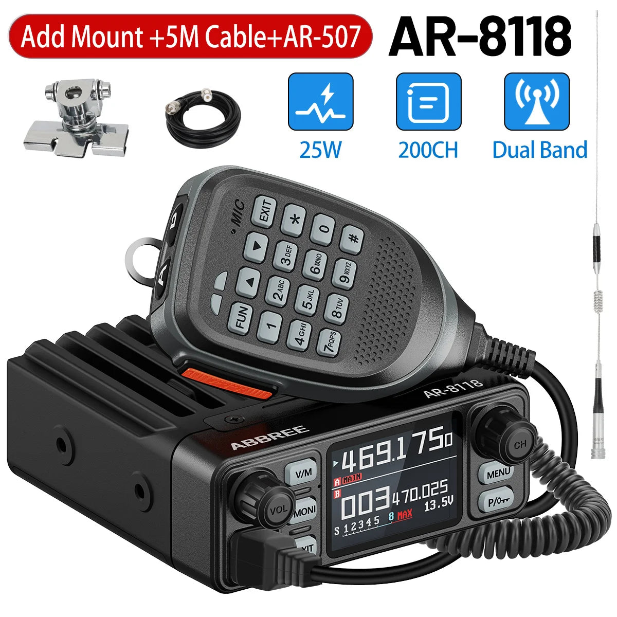 ABBREE AR-8118 Mini Mobile Radio 25W Dual Band VHF UHF 200CH Long Range NOAA VOX Clear HD Voice Dual PTT Car Radio