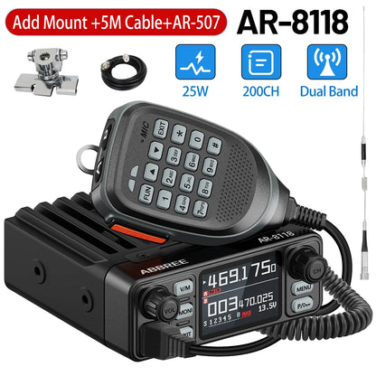 ABBREE AR-8118 Mini Mobile Radio 25W Dual Band VHF UHF 200CH Long Range NOAA VOX Clear HD Voice Dual PTT Car Radio