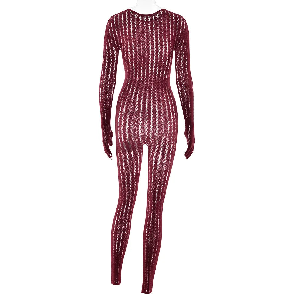 HLJ&GG Sexy Mesh Stretchy See Though Bodycon Jumpsuits Women Round Neck Long Sleeve Slim Playsuits Fashion Print Overalls 2025
