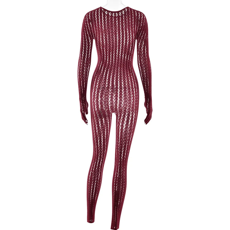 HLJ&GG Sexy Mesh Stretchy See Though Bodycon Jumpsuits Women Round Neck Long Sleeve Slim Playsuits Fashion Print Overalls 2025