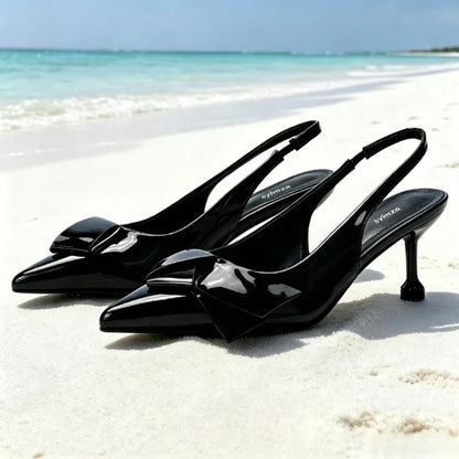 Red Patent Leather Slingback Heels Women Sweet Bow Decoration Pointed-toe High-heeled Sandals Luxury Party Brand Designer Shoes