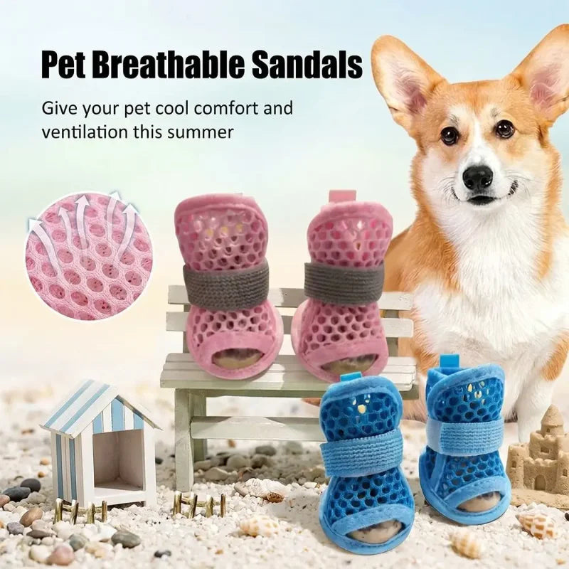 4PC Breathable Mesh Dog Shoes for Small Dogs Summer Pet Sandals Anti Slip Elastic Strap Outdoor Puppy Booties Cute Paw Protector