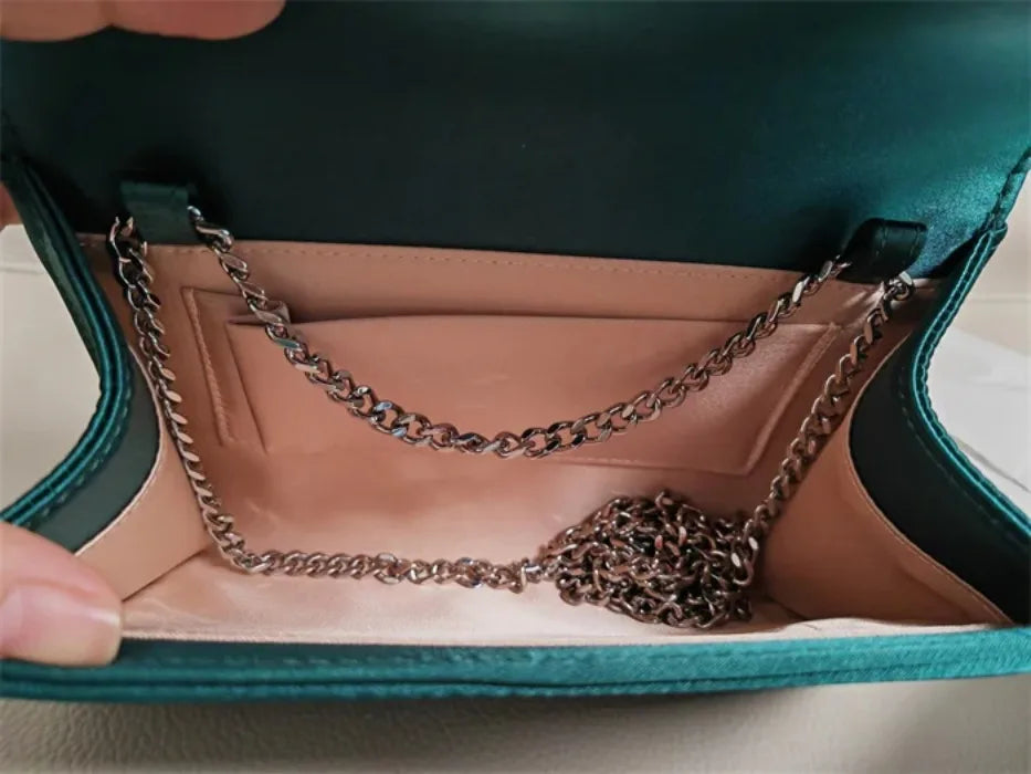 Rhinestone Faux Silk Emerald Evening Bag Silver Diamond Buckle Handle Fashion Handbags Elegant Ladies Square Bolsa Feminina