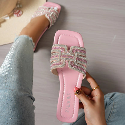 2026 Women Rhinestone Slippers Fashion Non-Slip Shoes Women Outdoor Slippers Designer Square Heel Flat Sandals Slides Women