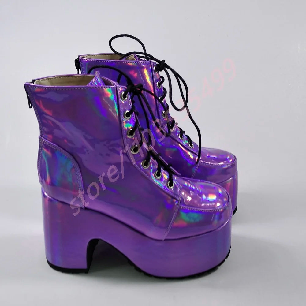 Thick Sole Round Toe Punk Party Boots 2025 New Street Rock Lace-Up Motorcycle Boots Fashion 34-48 Thick High Heel Ankle Boots