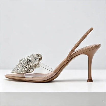 Luxury Glitter Rhinestone Bow Designer Heeled Sandals Women Summer Peep Toe Back Strap High Heels Elegant Party Wedding Shoes