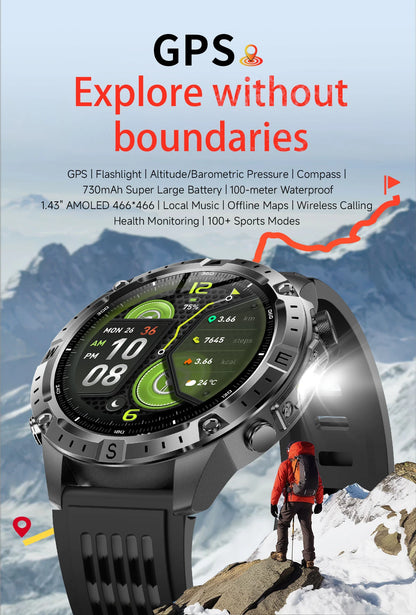 2026New Military Tank GPS SmartWatch Offline Map 10ATM Swim 2GB RAM Music Altitude Compass Bt Call Fitness Sports Smartwatch Men