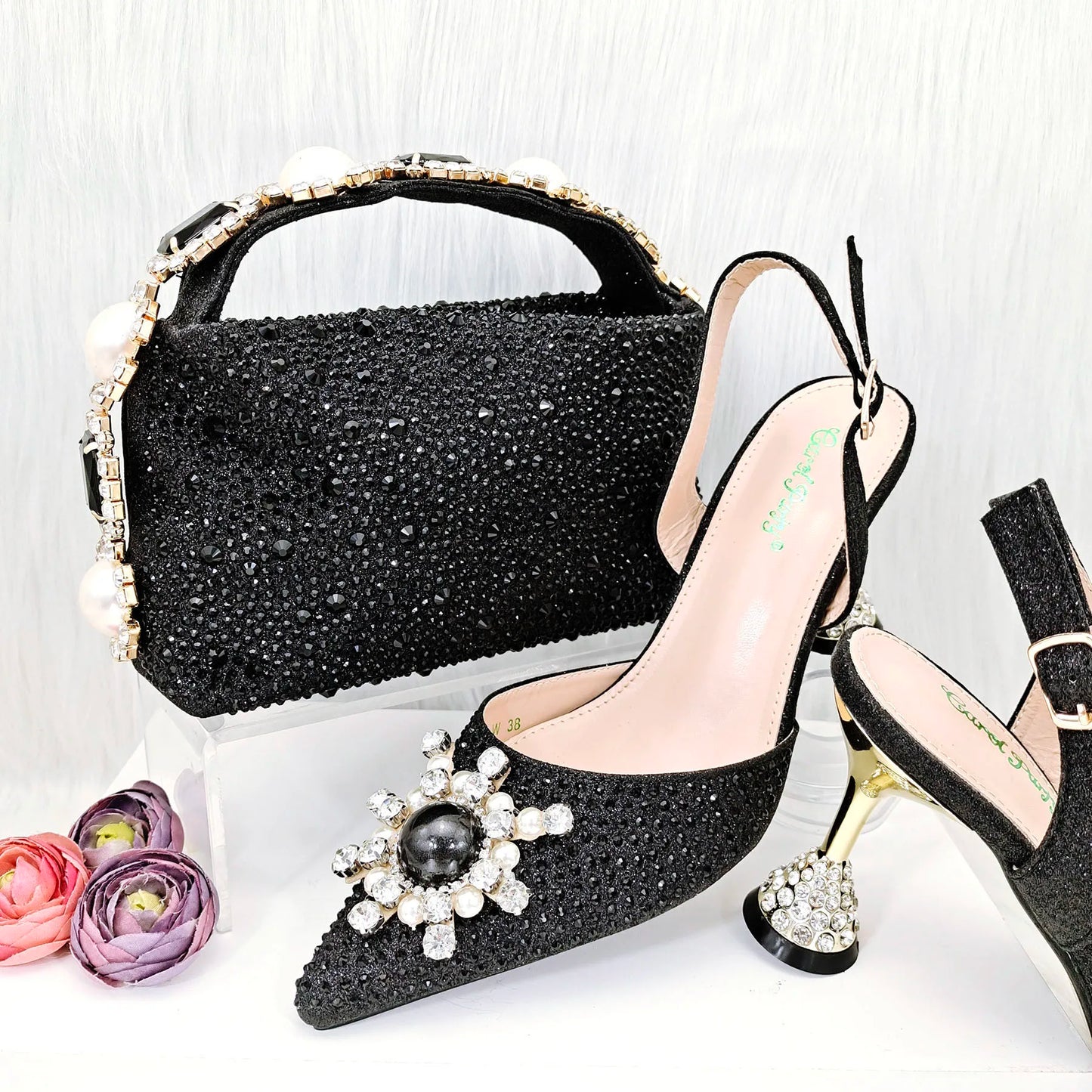 QSGFC 2023 New Fashion Purple Sandals Sequins Rhinestone Point Toe High Heels Slingback Women's Dress Women's Shoes & Bag Set