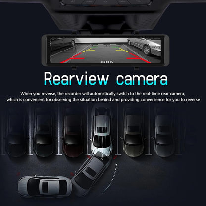 12''Rear View Mirror Camera 4-Channel Mirror Streaming with GPS BSD Blind Spot Detection 4K Front Lens+FHD1080Px3 Reverse Assist