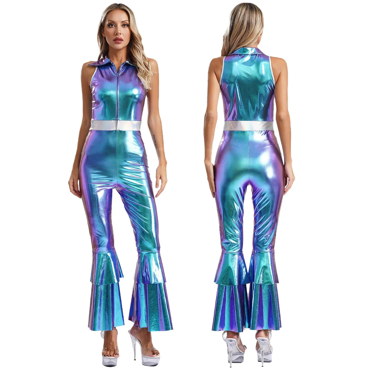 Women Vintage One Piece 70s Disco Dance Rompers Sleeveless Metallic Bell Bottom Flared Pants Jumpsuit for Retro Party Jazz Dance