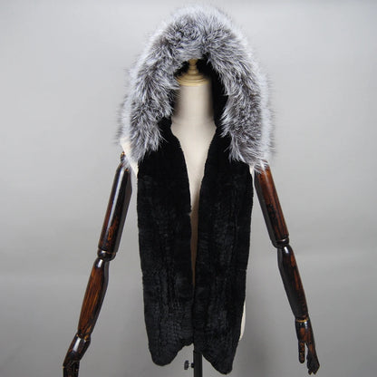 Lady Warm Fluffy Real Rex Rabbit Fur Hat Scarf Luxury Knit Fur Caps Muffler Winter Thick Women 100% Natural Fox Fur Hat Scarves
