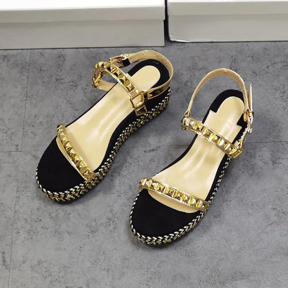 Rivet Platform Women Sandals Chunky Thick High Heels 5CM Waterproof Open Round Toe Golden Patchwork Summer Luxury Fashion Style