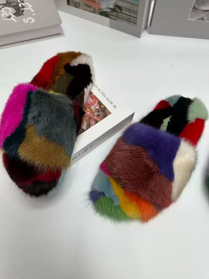 Winter Women'S Slippers Home Plush Woman Shoes Indoor Mink Fur Patchwork Color Slippers Irregular Random Seven Color Slippers