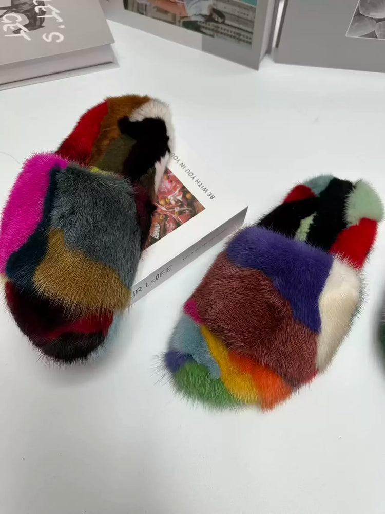 Winter Women'S Slippers Home Plush Woman Shoes Indoor Mink Fur Patchwork Color Slippers Irregular Random Seven Color Slippers
