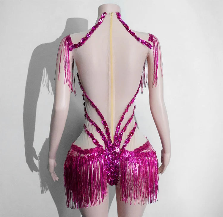 Sexy See-through Glitter Red Crystal Fringe Bodysuit High Elasticity Drag Queen Costume Festivals Outfit NightClub Dance Outfits