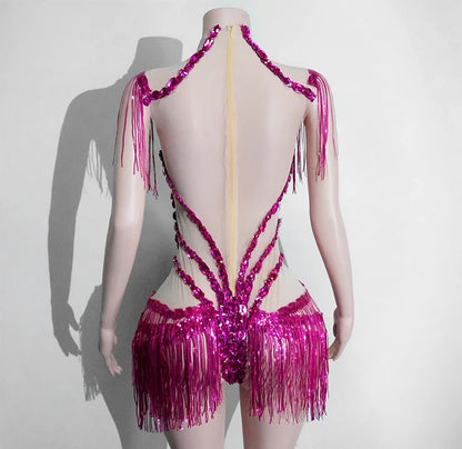 Sexy See-through Glitter Red Crystal Fringe Bodysuit High Elasticity Drag Queen Costume Festivals Outfit NightClub Dance Outfits
