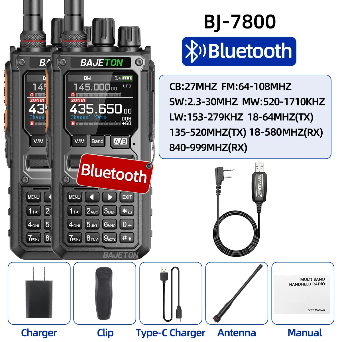 2PCS BAJETON BJ-7800 Walkie Talkie NOAA Long Range SW MW LW AM SSB CB Receive Wireless Bluetooth Phone Programming Two Way Radio