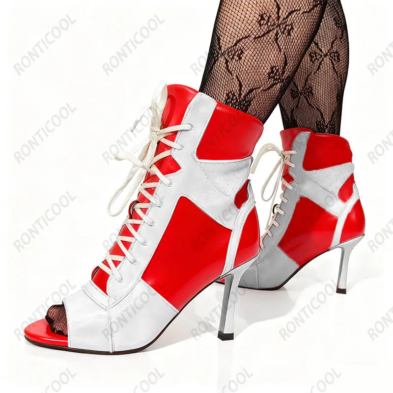 Ronticool Handmade Peep Toe Ankle Boots - Black and White Leather High Heel Shoes with Lace Up Design Size 36-43