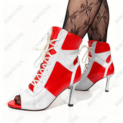 Ronticool Handmade Peep Toe Ankle Boots - Black and White Leather High Heel Shoes with Lace Up Design Size 36-43