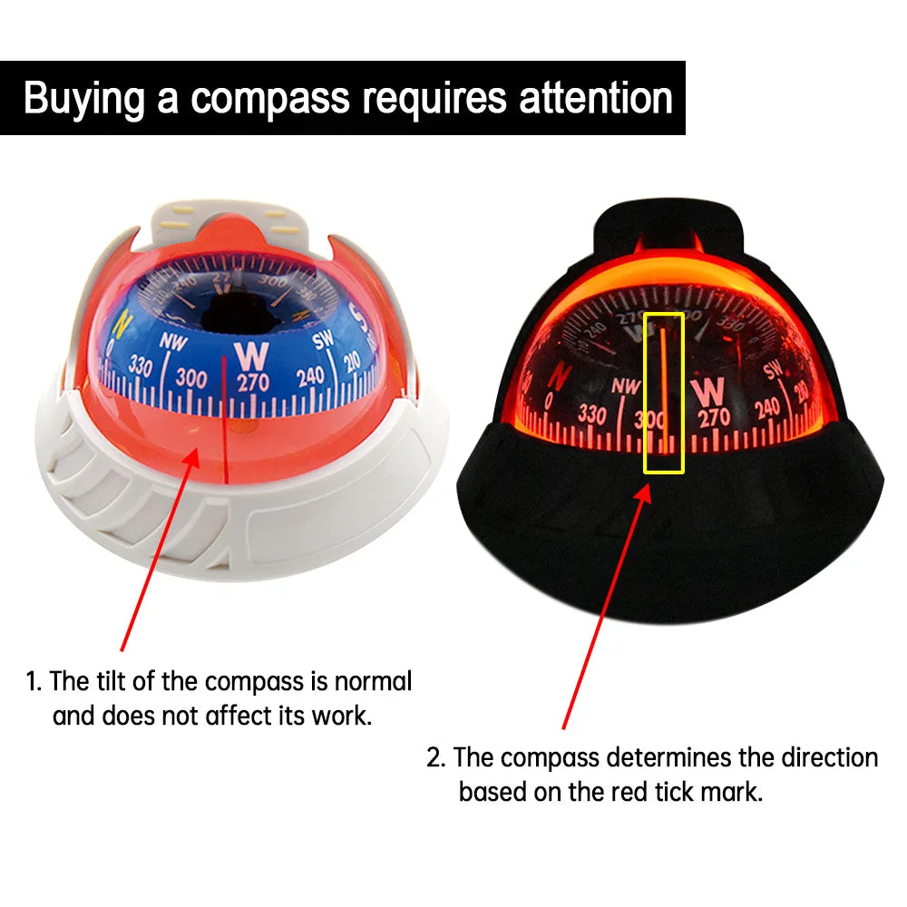 For Boat Yacht Car Waterproof Navigation Compass With Electronic LED Light White/Black Marine Sea Pivoting Marine Compass