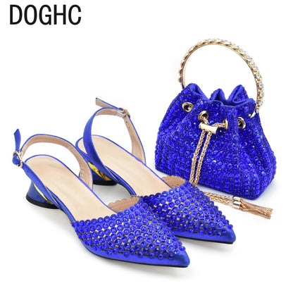 Fashion Royal Blue Shoe and Bag Set Decorated with Rhinestone Nigeria Italian Shoes and Matching Bags Elegant Heeled Women Pumps