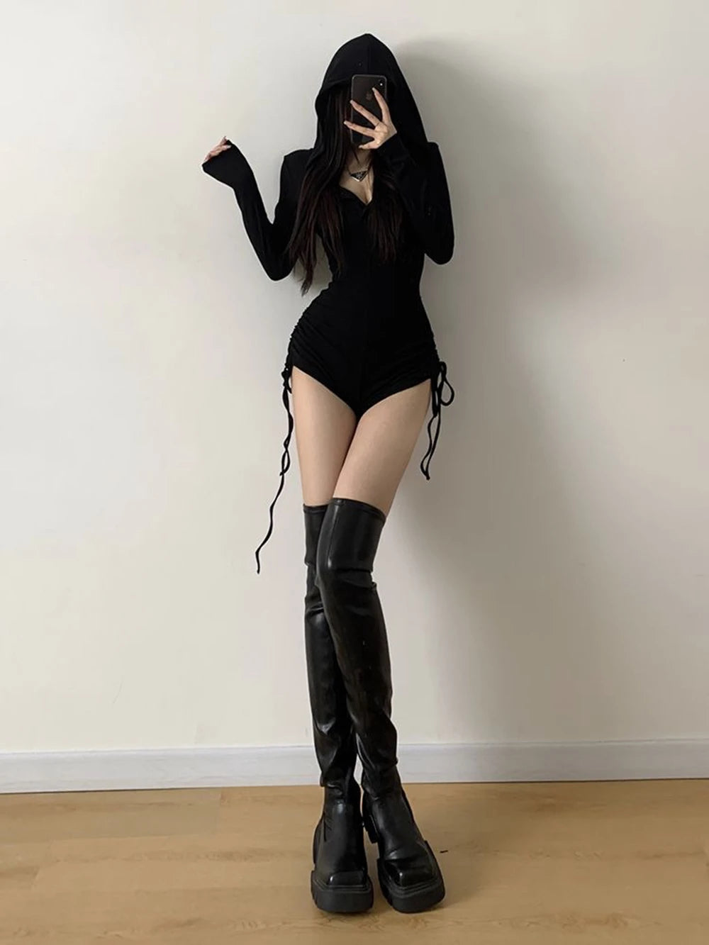 Women's Jumpsuits Y2k Shorts Playsuits 90s Vintage Slim Casual Sexy Bodysuits Long Sleeves Aesthetic Punk Korea Hooded With Hat