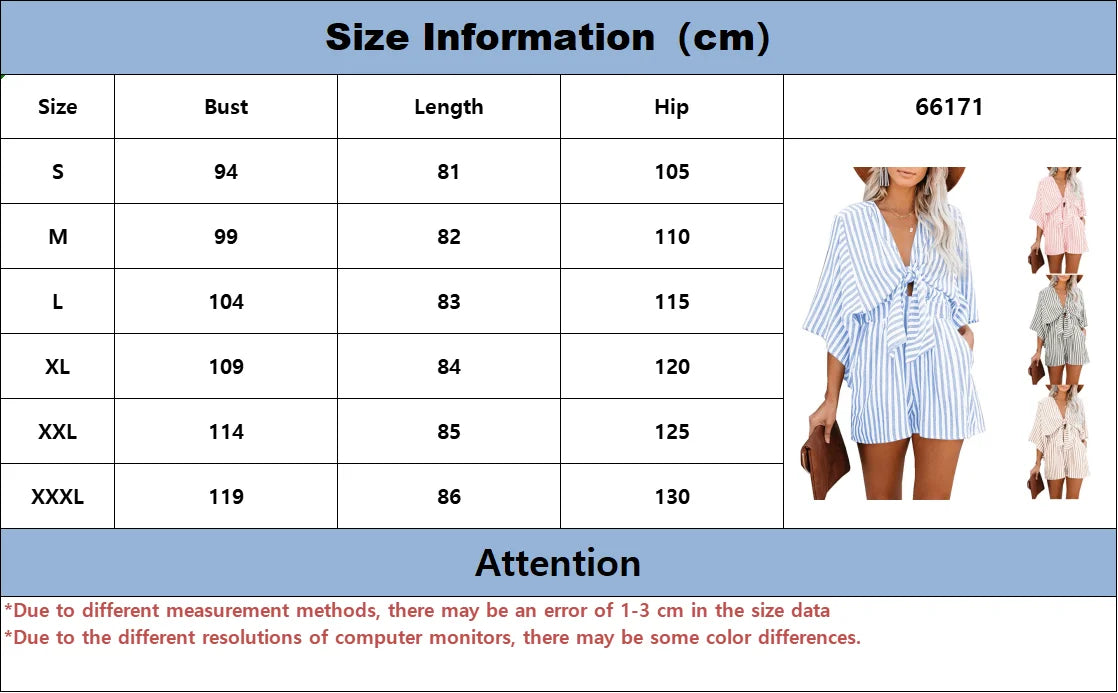 Summer waist slimming striped jumpsuit for women, European and American foreign trade deep V flared sleeve three quarter pants