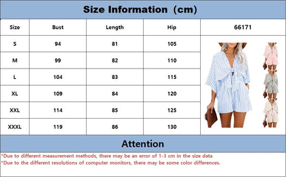 Summer waist slimming striped jumpsuit for women, European and American foreign trade deep V flared sleeve three quarter pants