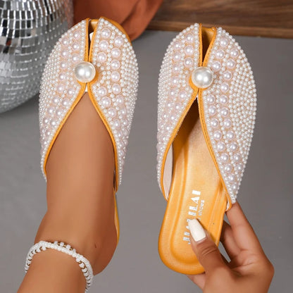 Women Slippers Summer Fashion Rhinestone Home Women Mules Shoes Elegant Slippers Luxury Designer Flat Sandals House Slides Women