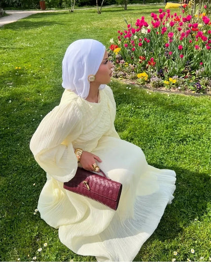 2026 Summer Women's Elegant Pleated Long Dress O-neck Loose Folds Lantern Sleeve Holiday Beach Commute Chic Vestidos