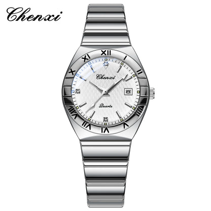 CHENXI Quartz Couple Watch Rhinestone Stainless Steel Watch Luxury Brand Brief Lovers Waterproof Watch Women's Watches