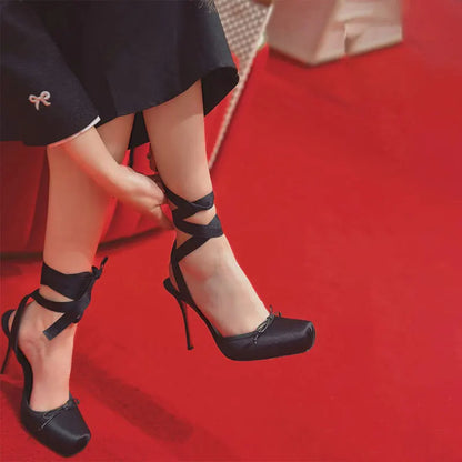 New 2026 Summer Women's Nude Satin Lace-Up Bow Heel Closed Square Toe Sandals Ballet Shoes Luxury Dress Slingback Ladies Pumps