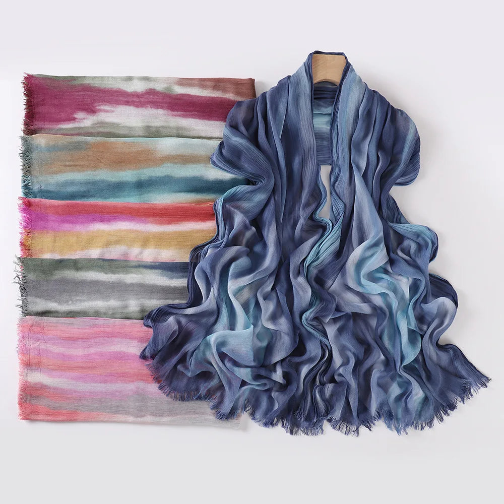 New Fashion Cotton Blend Hijabs Scarf Woman Graduated Color Striped Women Headscarf Retro Versatile Printing Long Shawl