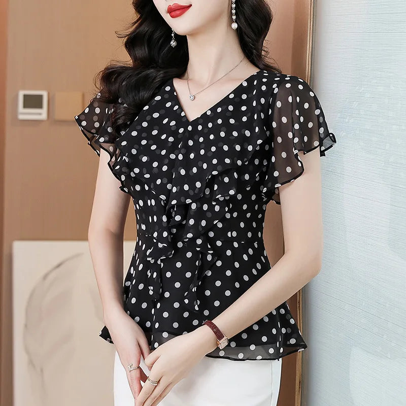 Ladies' summer fashionable age-reducing polka dot short-sleeved chiffon shirt, ladies' short-sleeved round neck fitted waist tem