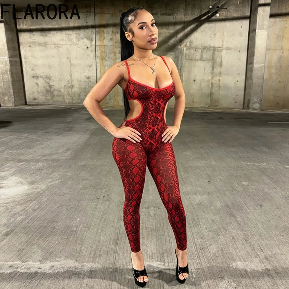 FLARORA Sexy Serpentine Print Jumpsuits Woman Hipster Sling Hollow Backless Skinny Jumpsuit Hottie Party Club Street Overalls