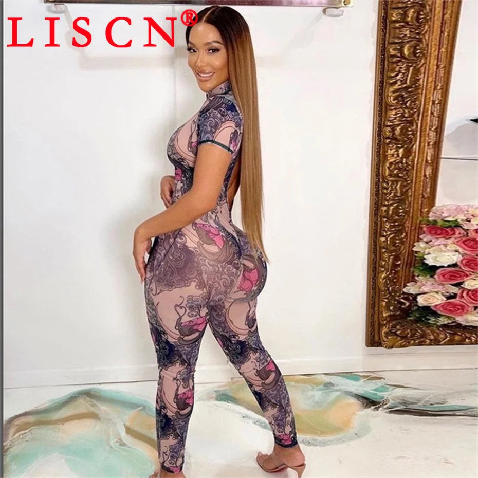 10 Wholesale Items Jumpsuits Women Summer 2025 Short Sleeve Bodycon Sexy Y2k Printing Mesh See Through Backless Rompers K15151