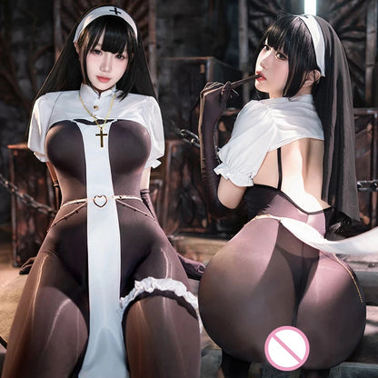 Sexy Nun Uniform Cosplay Halloween Costume Lingerie Open Crotch Jumpsuit Black See Though Tight Bodysuit Women Bodystocking