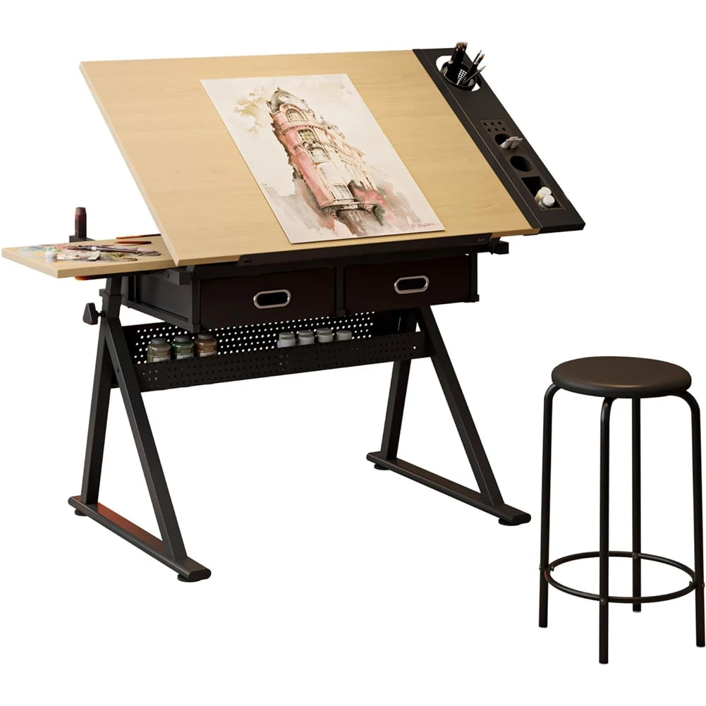 Height Adjustable Drafting Table with Stool, 0-75° Tilting Drawing Desk Artist Desk with 2 Storage Drawers, Watercolor Art Workstation for Home Office Drawing, Painting, Crafting, Writing, Sketching