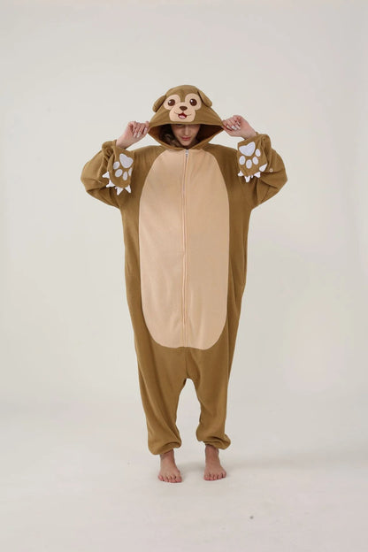 Adult Animal Brown Sloth Kigurumi Onesies Pajamas Cartoon Soft Fleece Gift Halloween Cosplay Costumes Button Jumpsuits