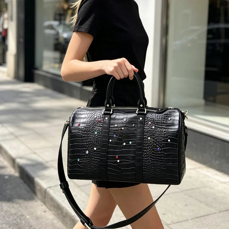 Luxury Large-capacity Travel Handbag For Women Versatile Crocodile Pattern Crossbody Bag Fashion Diamond Design Commuter Bag