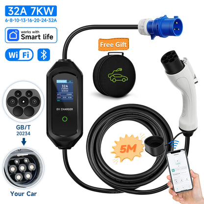 AFEEV Type 2 Portable EV Charger 7KW 32A 1Phase Wallbox Type1/GBT EVSE Fast Charging Cable CEE Plug APP Bluetooth Control
