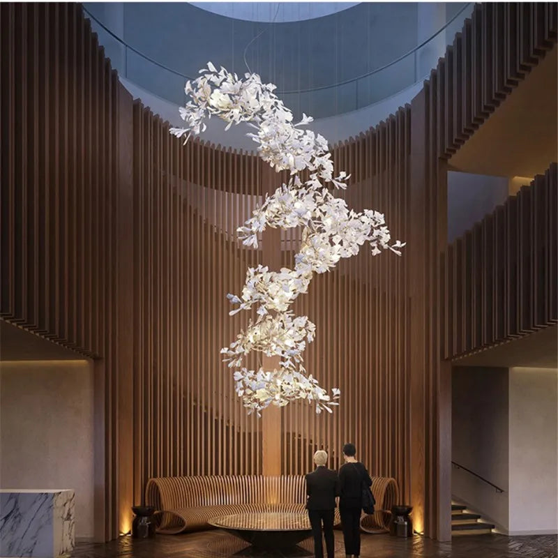 Ginkgo Leaves Loft Hanging Chandelier Light For High Ceiling Staircase Living Dining Room Modern White Porcelain Leaf Chandelier