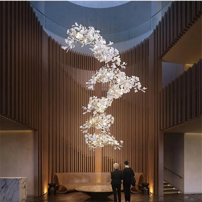 Ginkgo Leaves Loft Hanging Chandelier Light For High Ceiling Staircase Living Dining Room Modern White Porcelain Leaf Chandelier