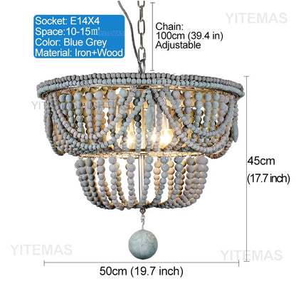 Blue Grey Wooden Beads 8 Lights Chandeliers For Foyers Vintage White Chandelier Lighting Bedroom Living Room Boho Pendant Light